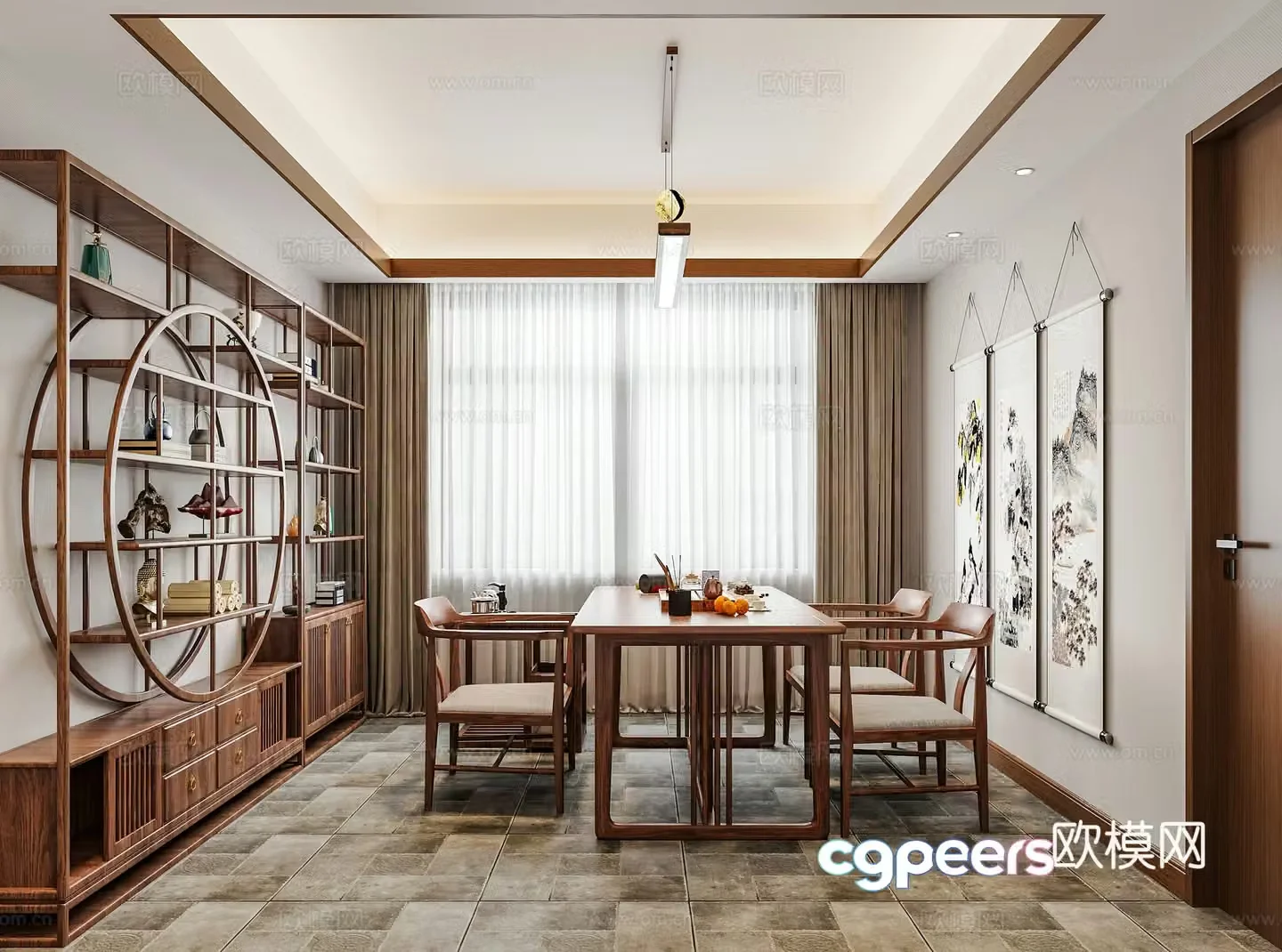 New Chinese style Chinese tea room Tea room Tea table and chairs Bo Gu shelves Chinese flower and bird painting Tea room cabinet Tea 3D model