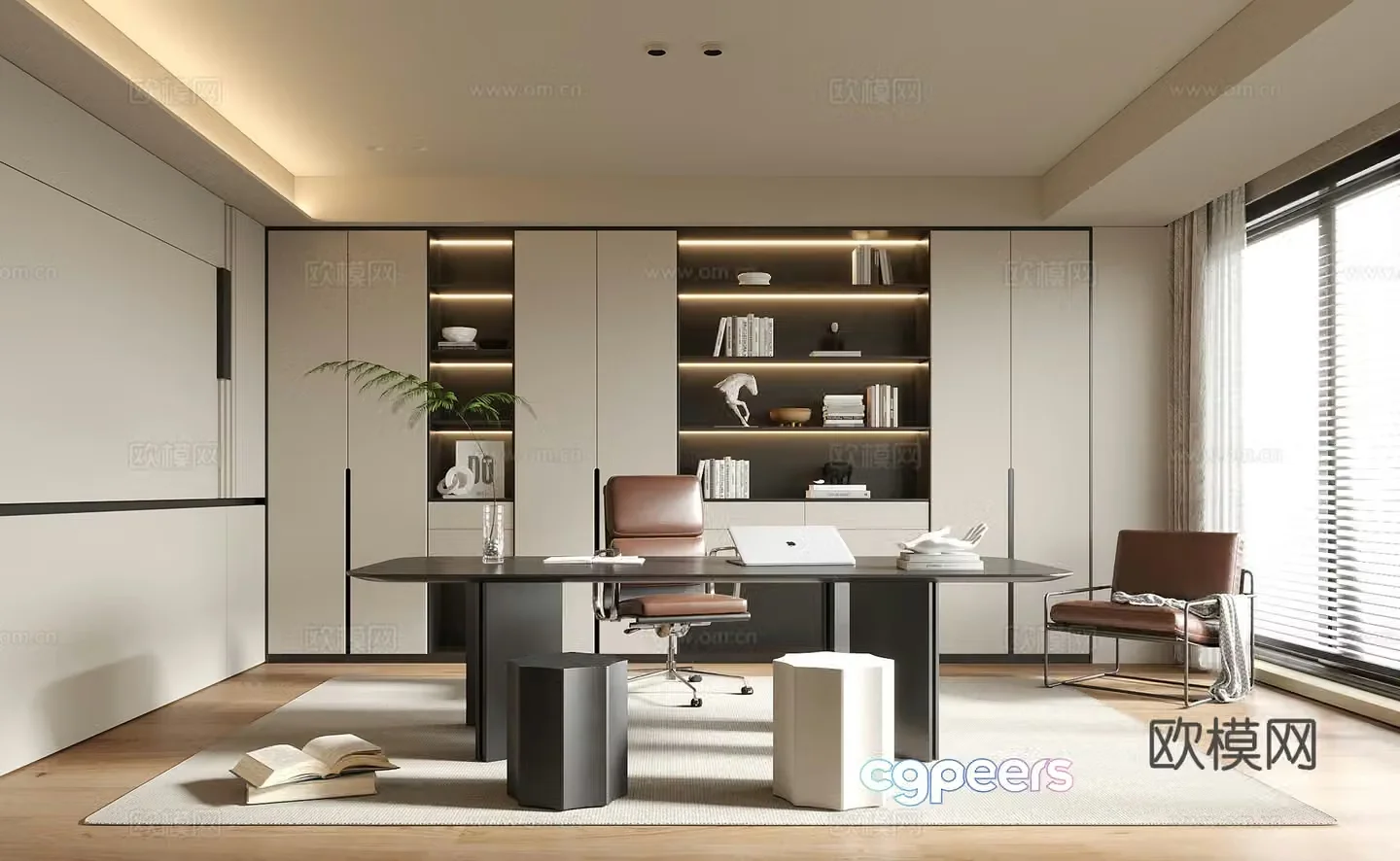 Modern study desk bookcase bookshelf stool 3d model
