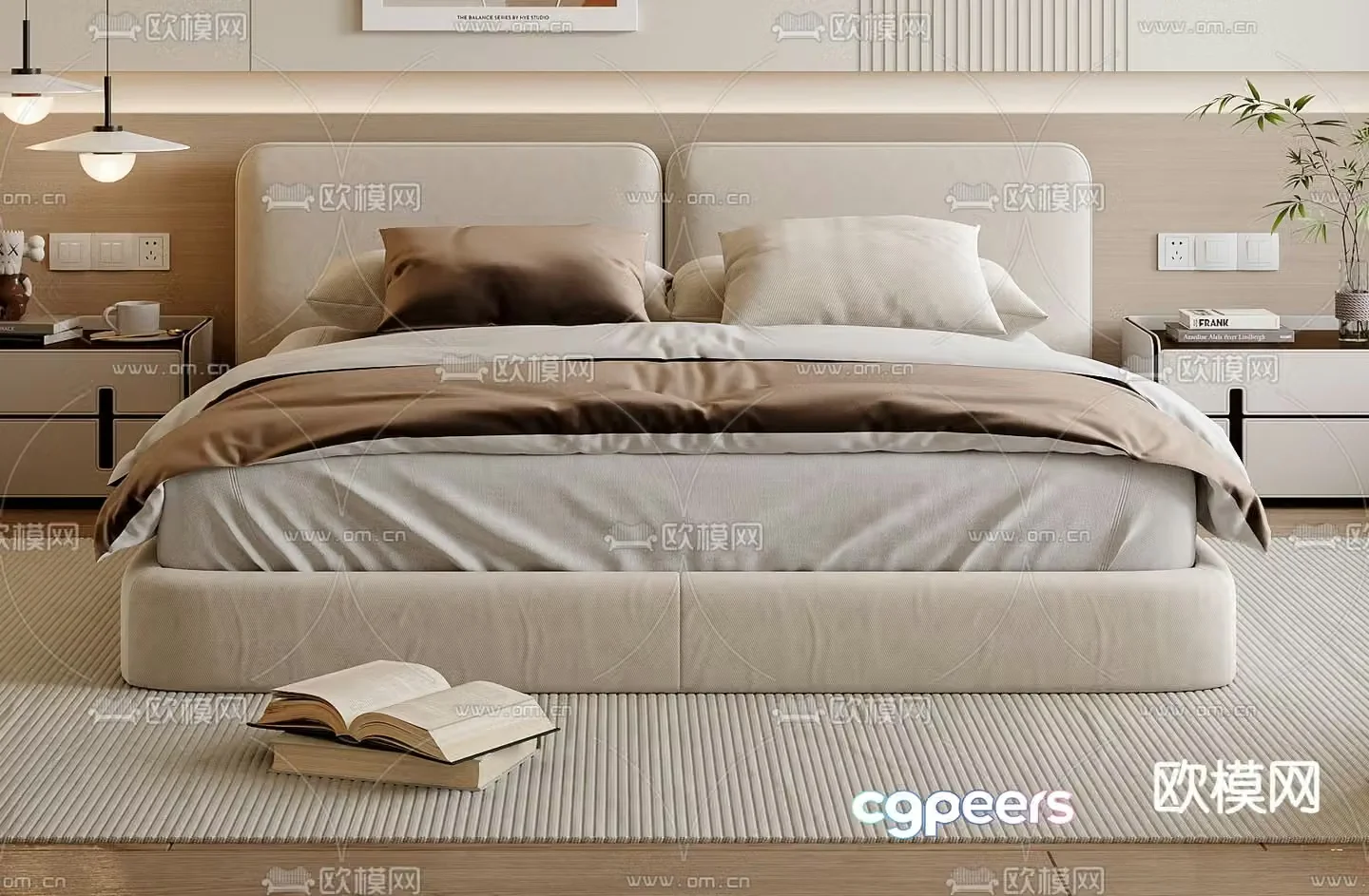 Cream style double bed 3d model