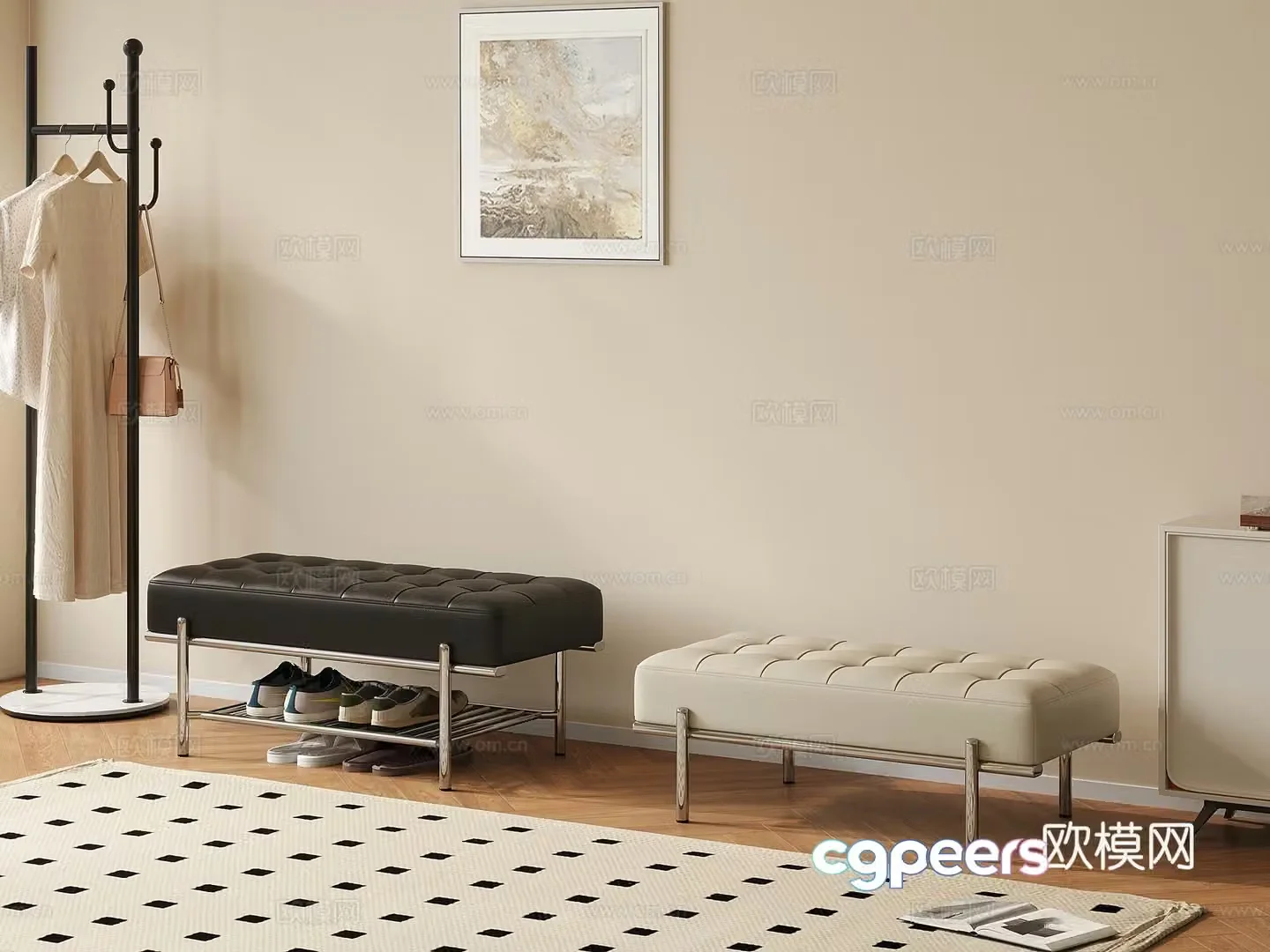 Modern shoe changing stool and clothes hanger 3D model
