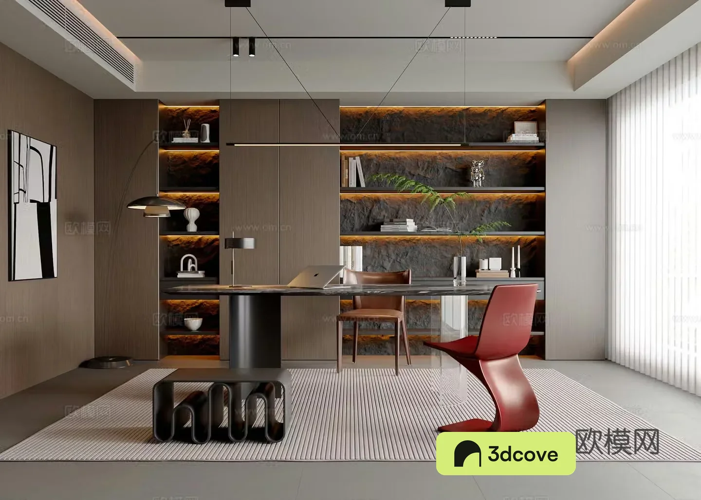 Modern Italian study desk and chair combination Alec single chair chandelier bookcase pier