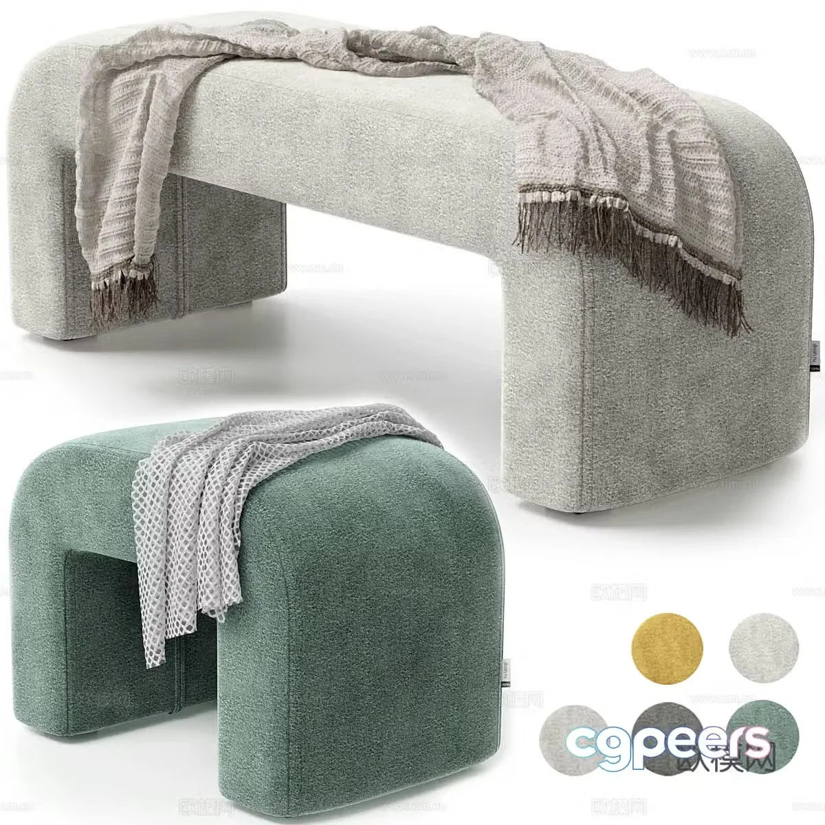 New Chinese style fabric bed tail stool 3D model
