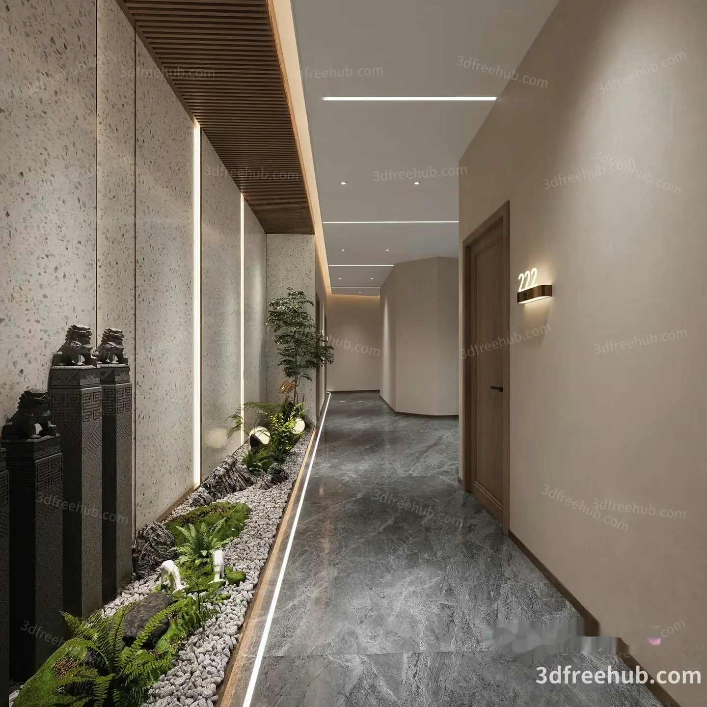Modern Hallway With Plants 3D Model – 18719 – VRAY Render