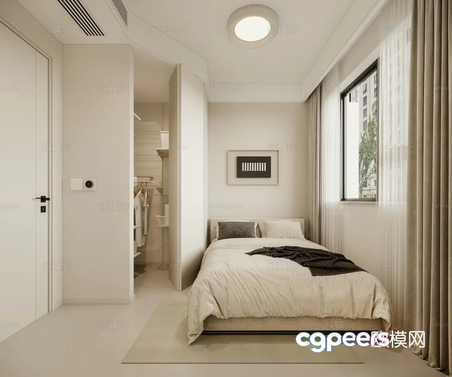 Modern creamy bedroom double bed wardrobe painting ceiling light carpet curtains 3d model