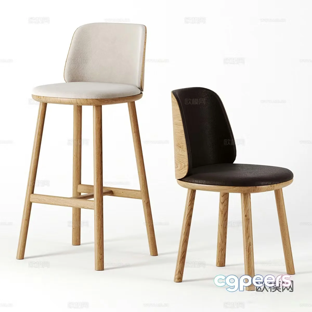 Bar chair combination fabric bar chair wooden bar chair dining chair single chair bar chair 3d model