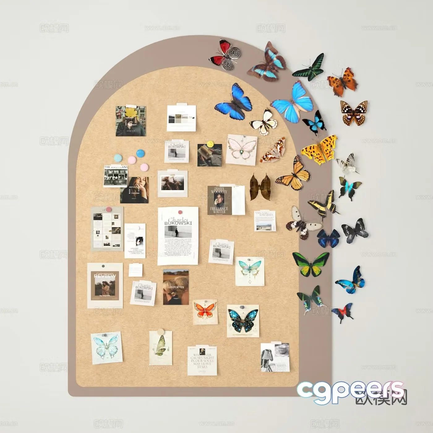 Note board cork board butterfly photo wall 3d model