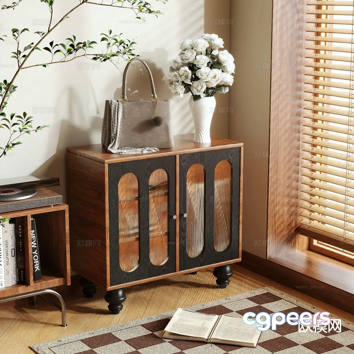 Log style shoe cabinet low cabinet glass cabinet 3D model