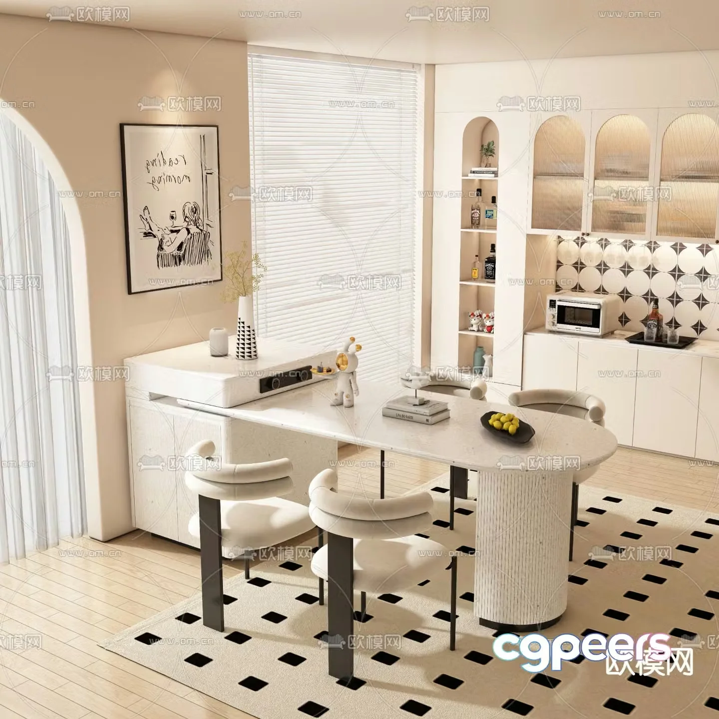 Cream style bar island table 3D model