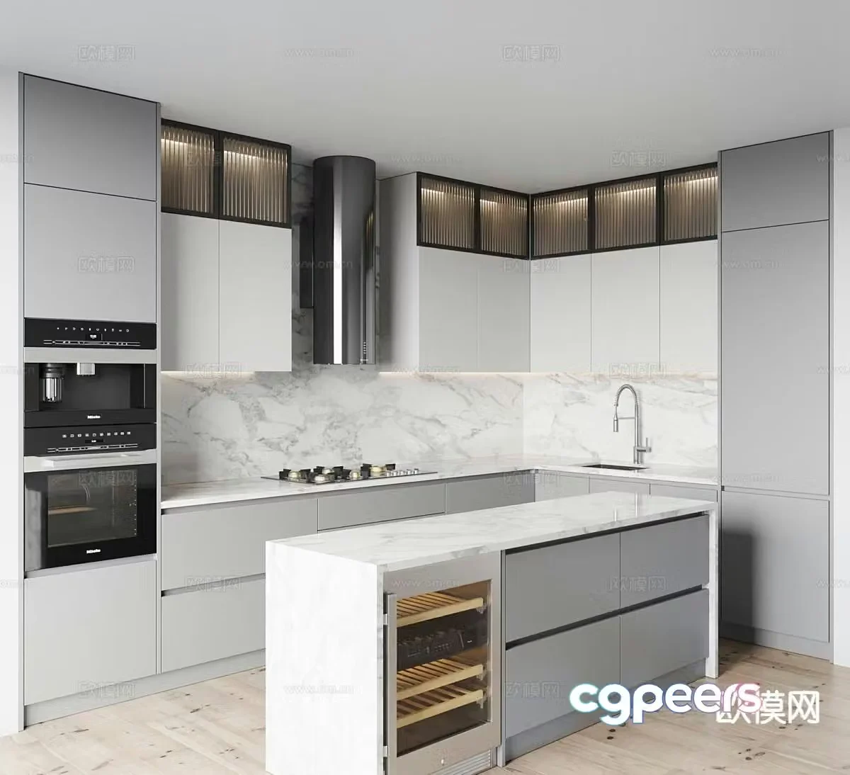 Nordic minimalist kitchen island kitchen 3D model