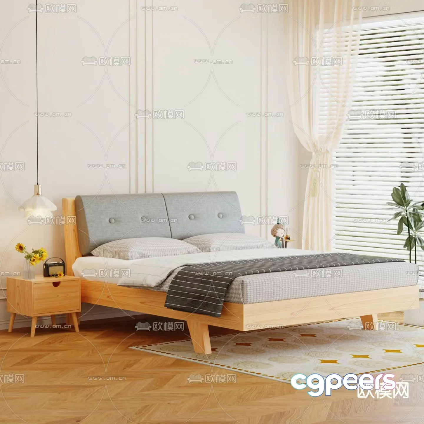Modern solid wood bed double bed 3d model