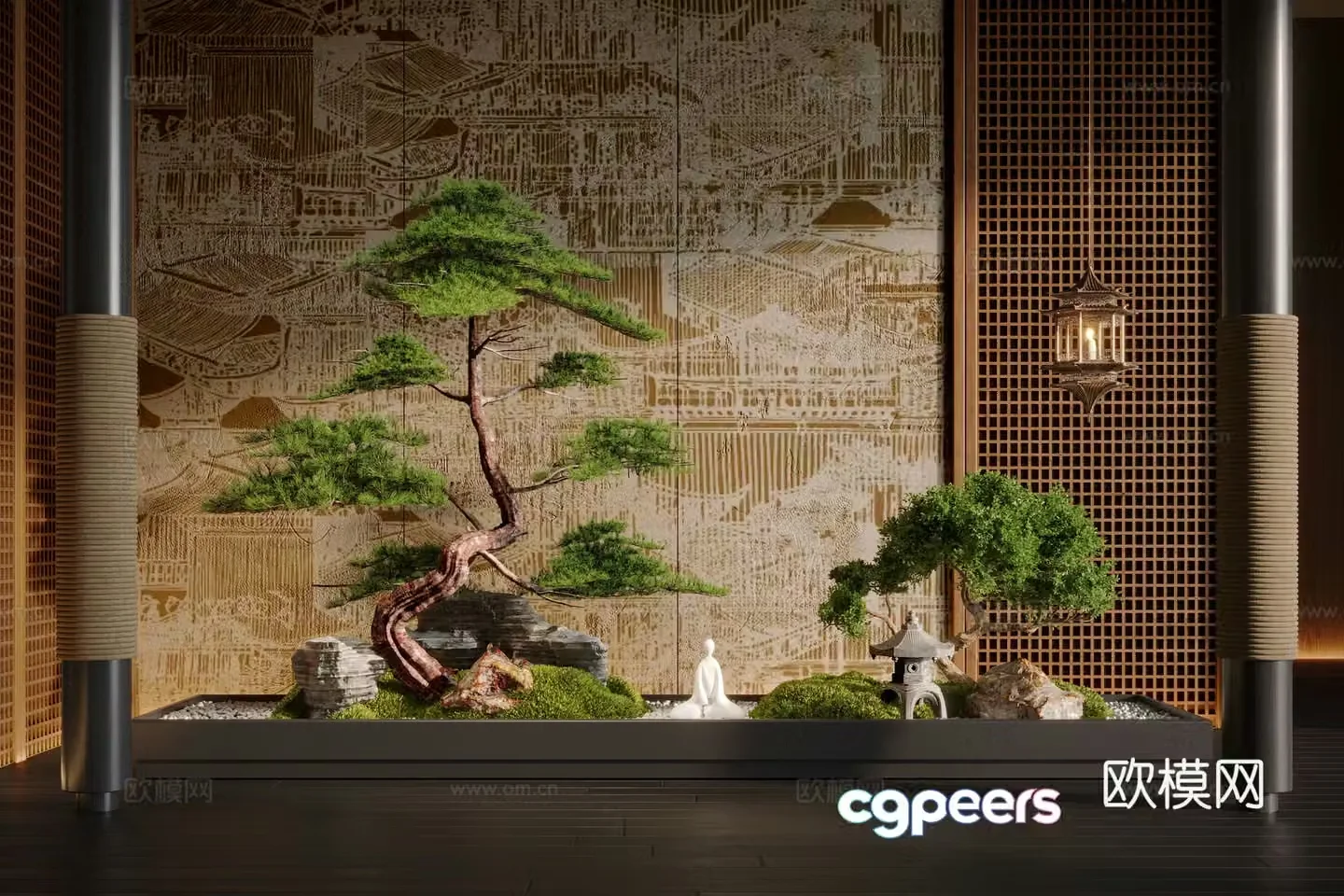 New Chinese style indoor landscape plant landscaping pine trees moss landscape stones 3D model