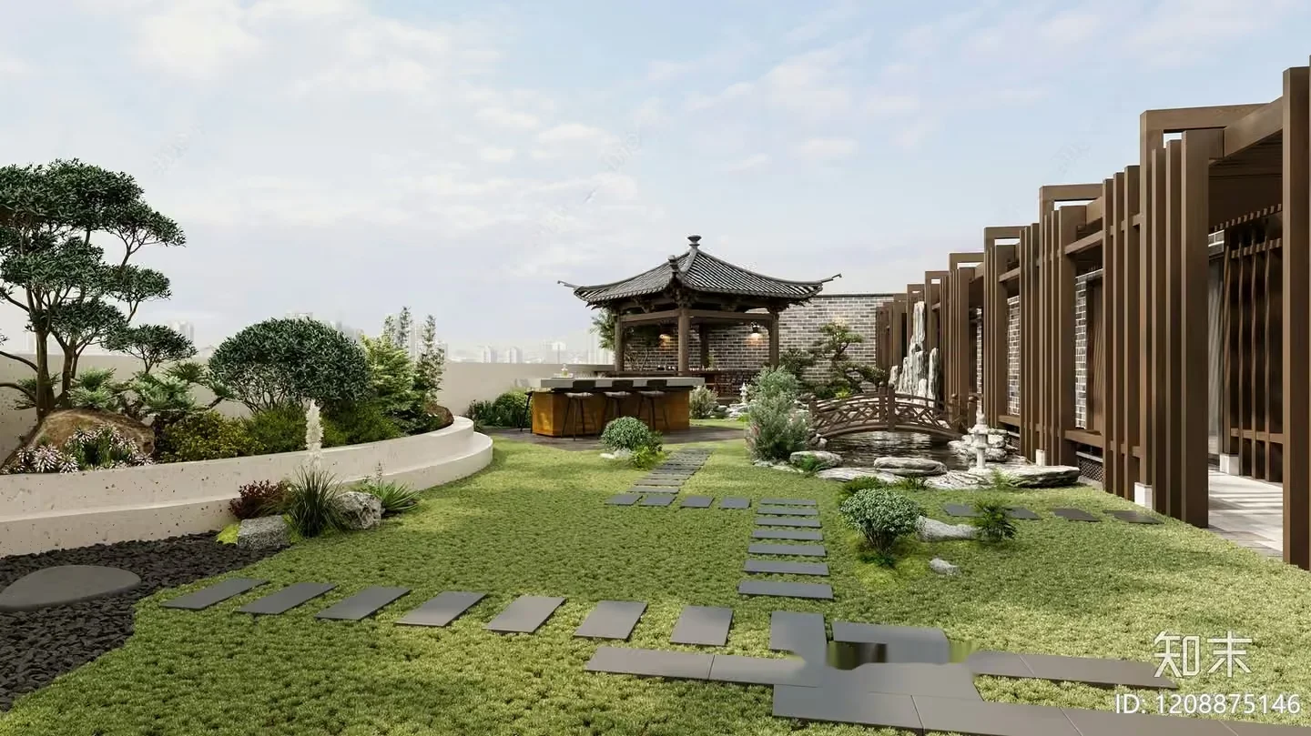 A Serene Japanese-Inspired Garden With A Gazebo 3D Model – 10739 – VRAY Render