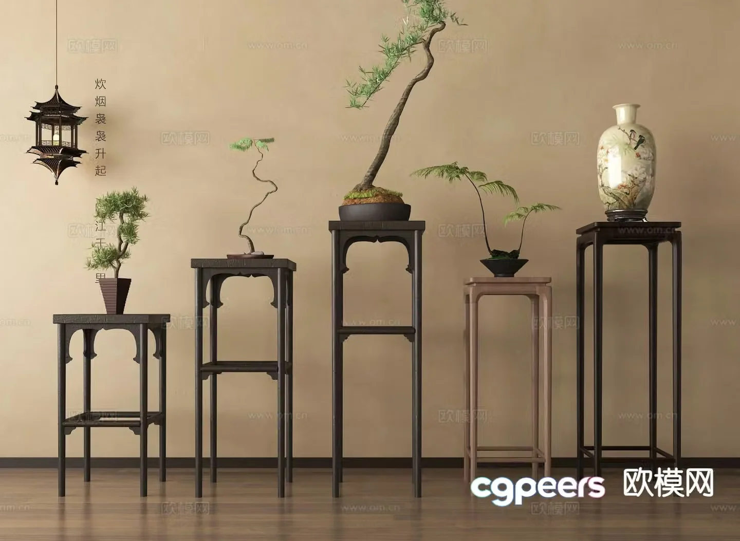 New Chinese style flower stand solid wood flower table bonsai porcelain 3D model