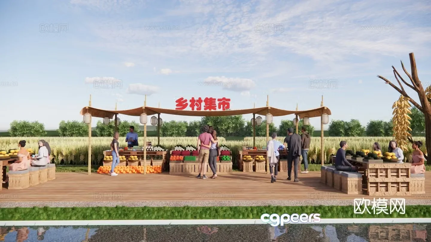 Modern rural commercial street market Agricultural product trading points Rural stall 3D model in rural agricultural product trading