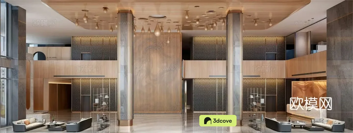 Modern hotel lobby art installation reception desk lounge area