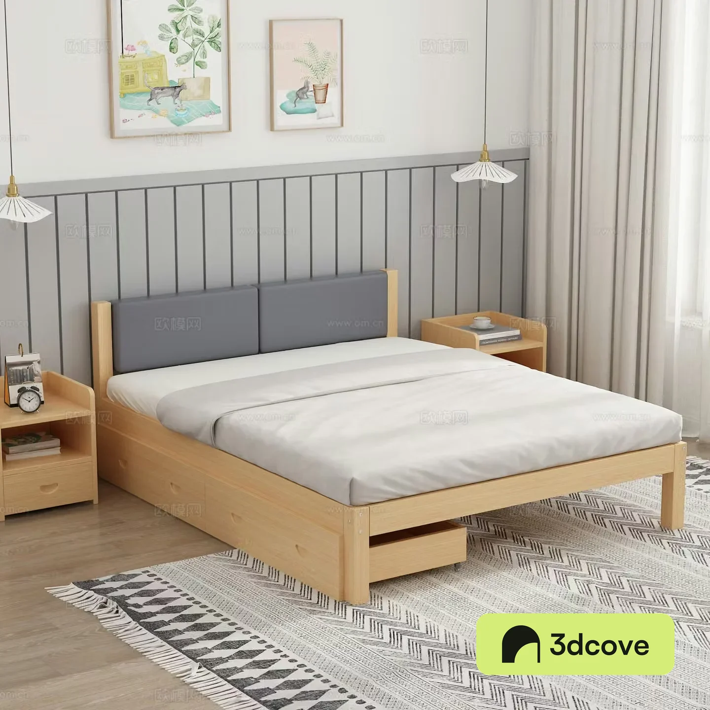 Solid wood soft pack double bed Simple solid wood bed Bedroom Bedside table Chandelier Decorative painting Carpet
