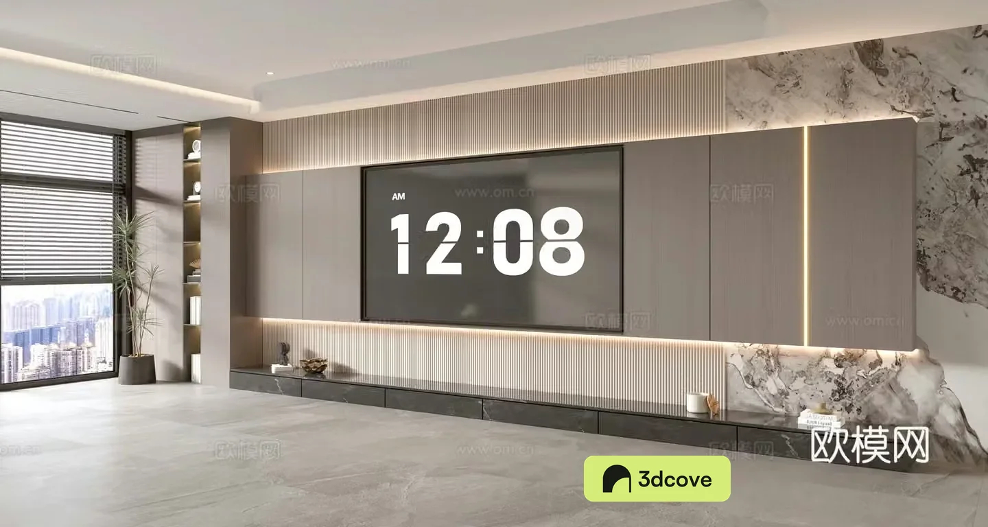 Modern Italian living room light luxury TV background wall full wall TV cabinet marble background wall