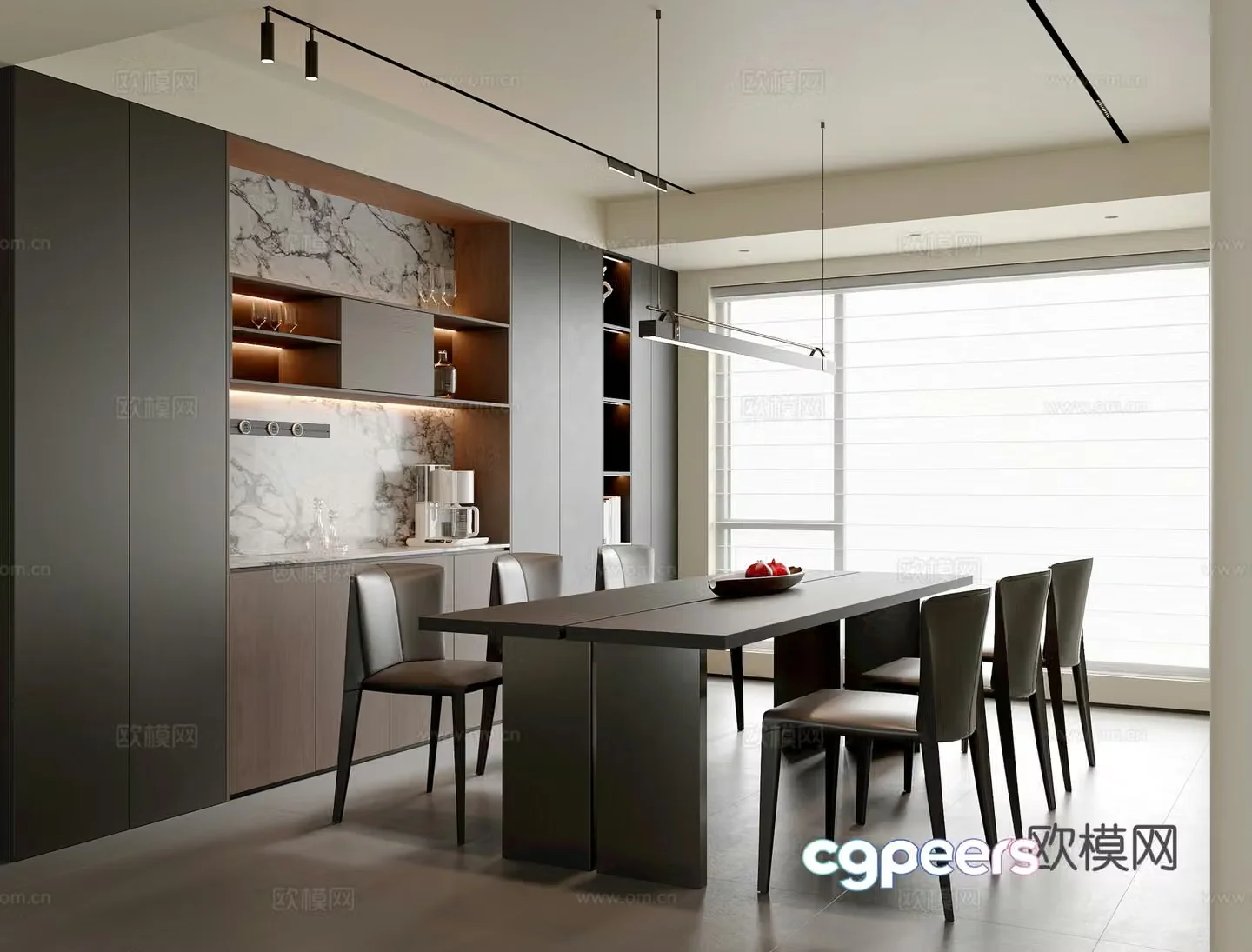 Modern Italian restaurant dining table and chair combination sideboard wine cabinet chandeliers accessories 3D model