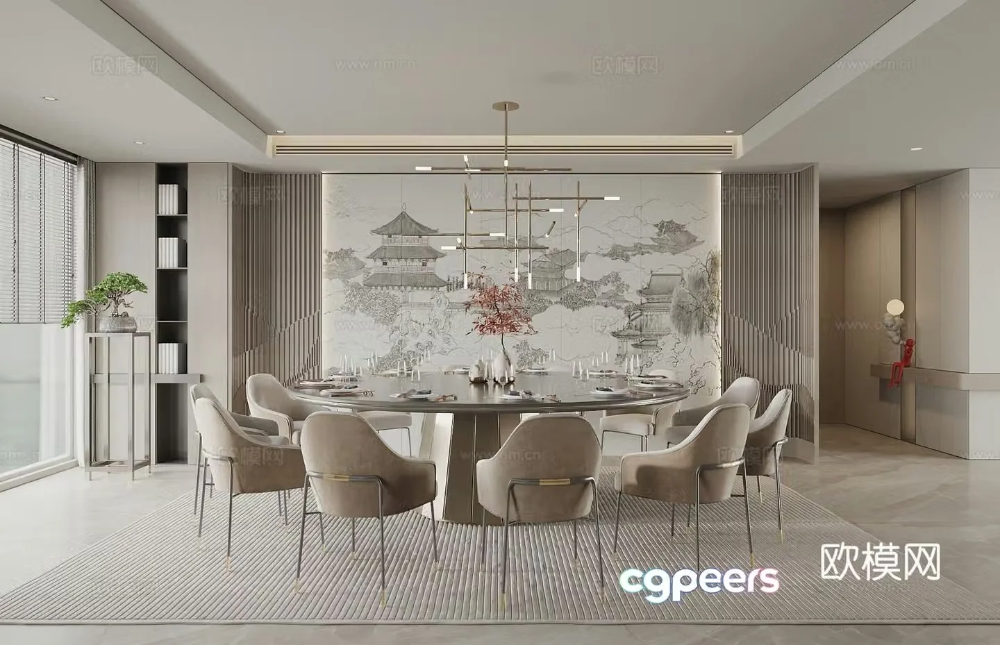 New Chinese restaurant private room background wall round dining table and chairs hotel private room 3D model