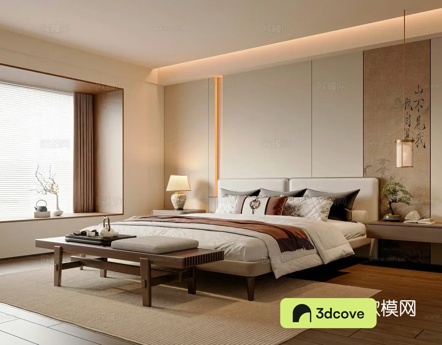 New Chinese style bedroom Master bedroom New Chinese style double bed New Chinese style bedside table New Chinese style bedside stool