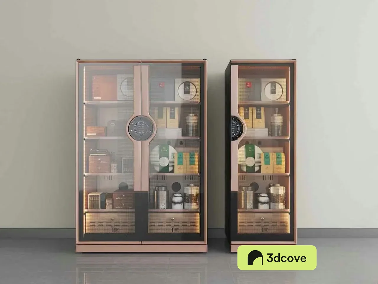Two Large Cabinets With Glass Doors And Various Items Inside