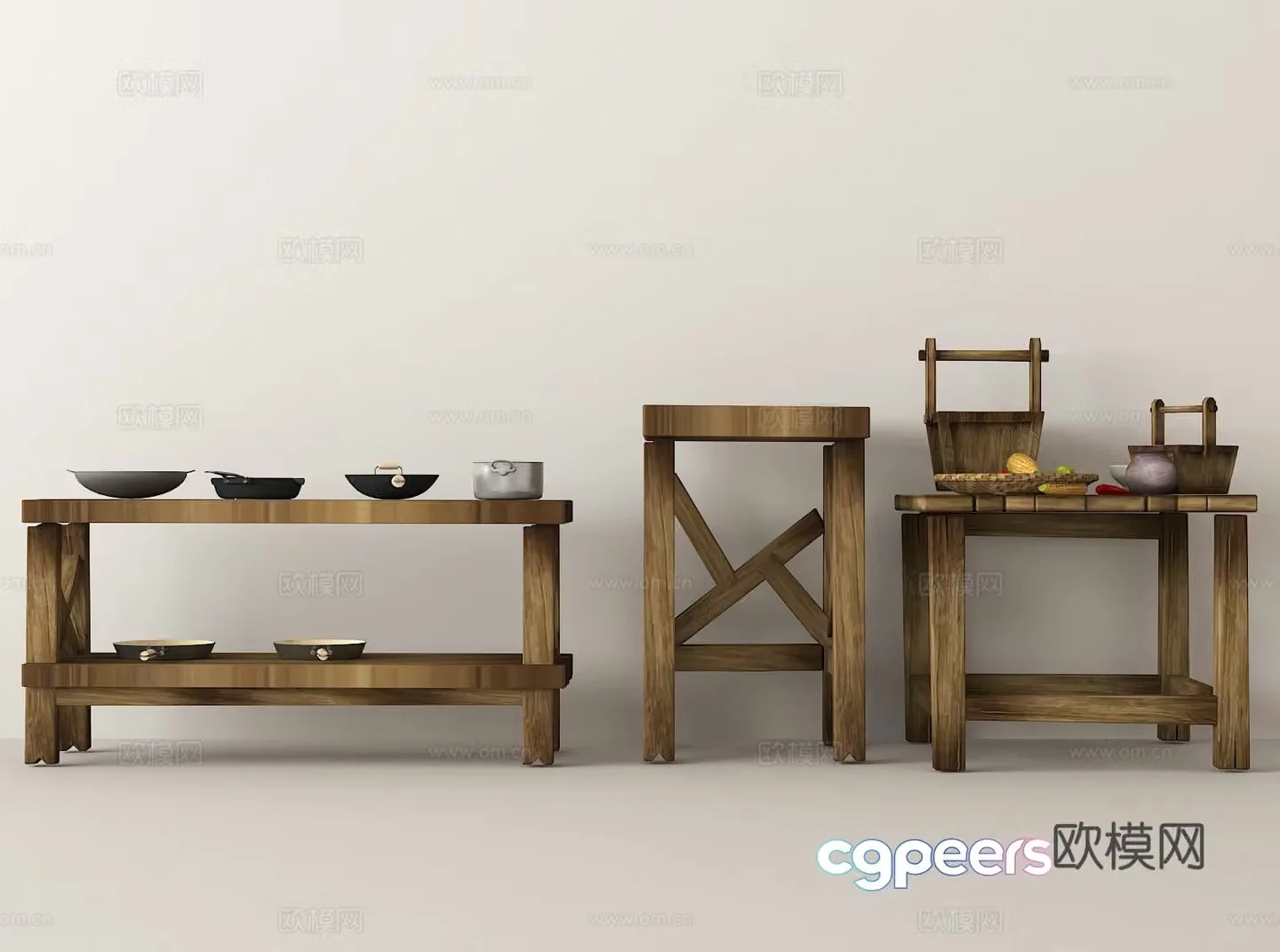 Solid wood shelves Ceramic ware Tableware display Natural style furniture Restaurant layout 3D model