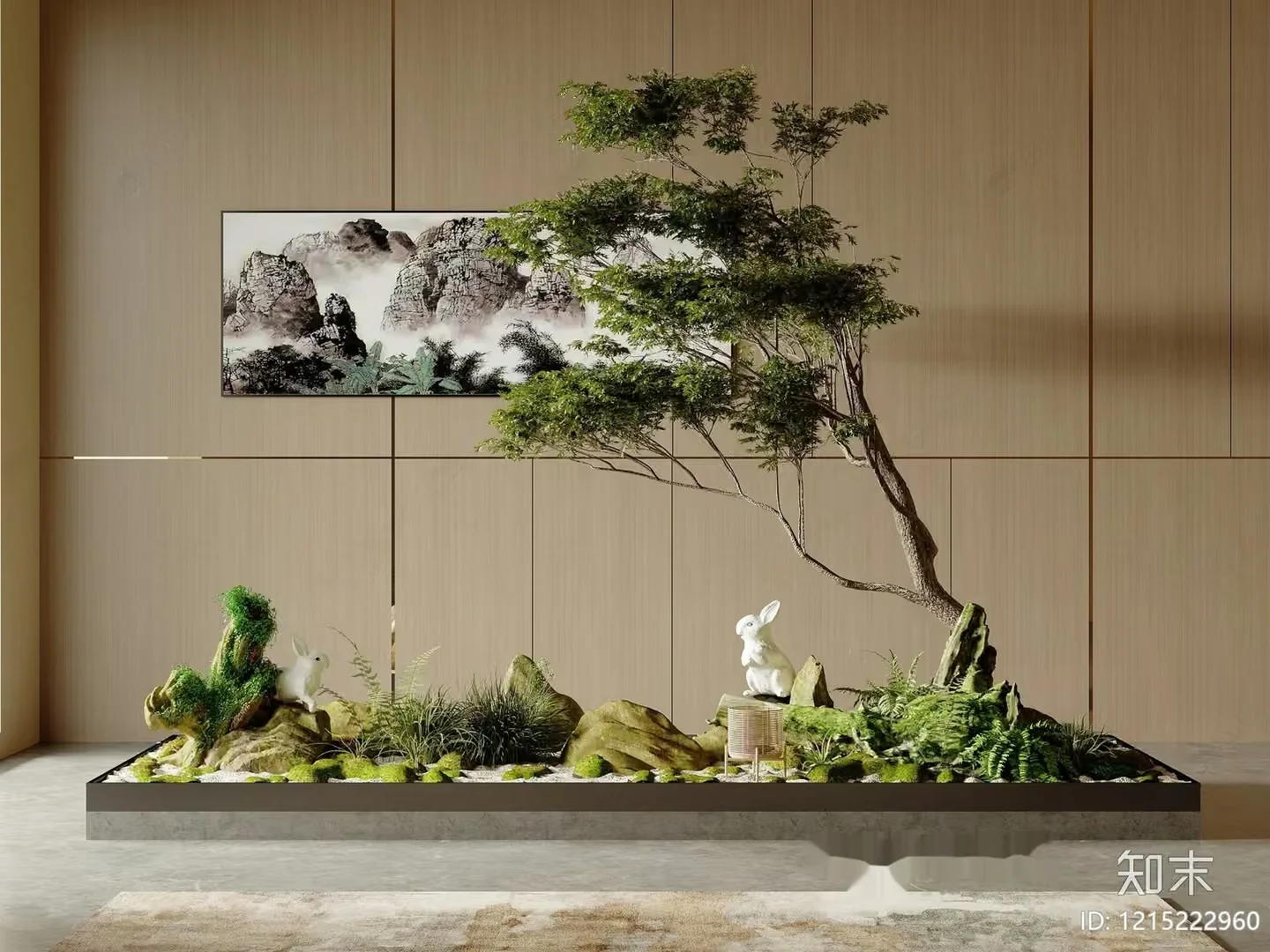A Large Indoor Garden With A Tree And Two Rabbits 3D Model – 17669 – VRAY Render