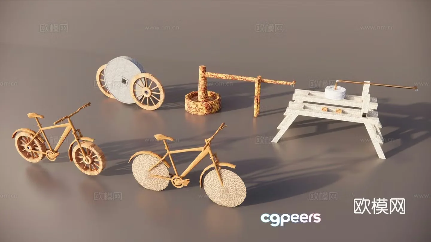 Chinese-style rural farm tools transformation rural bicycle farm tools on the wall farm tools landscape sketch ecological landscape 3D model