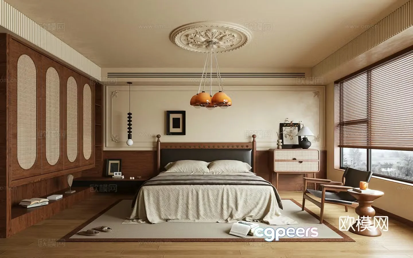 Bedroom Double Bed Leisure Chair Wardrobe Chandelier 3D Model