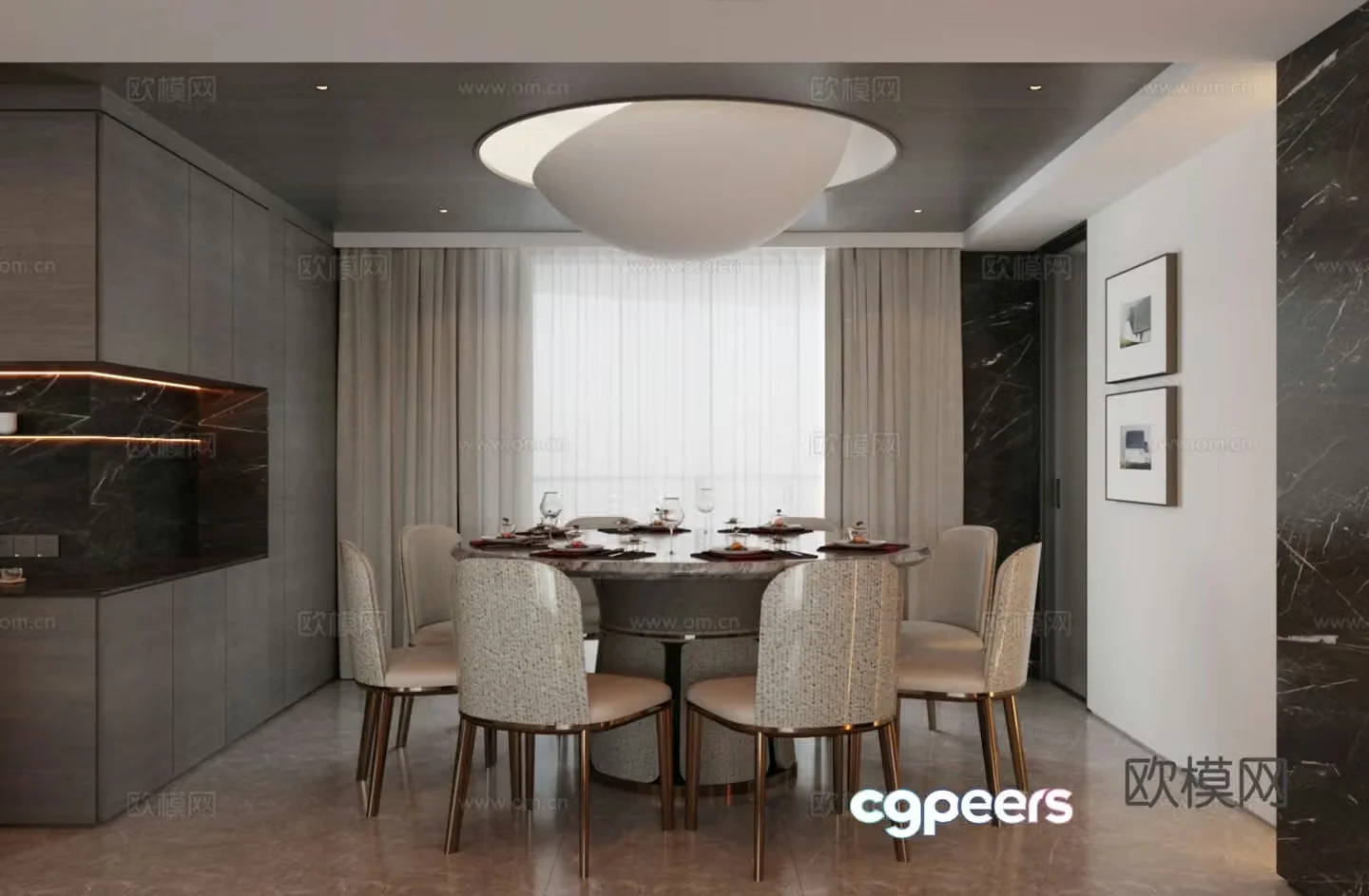 Italian light luxury home restaurant dining table and chair combination open restaurant round table restaurant 3D model