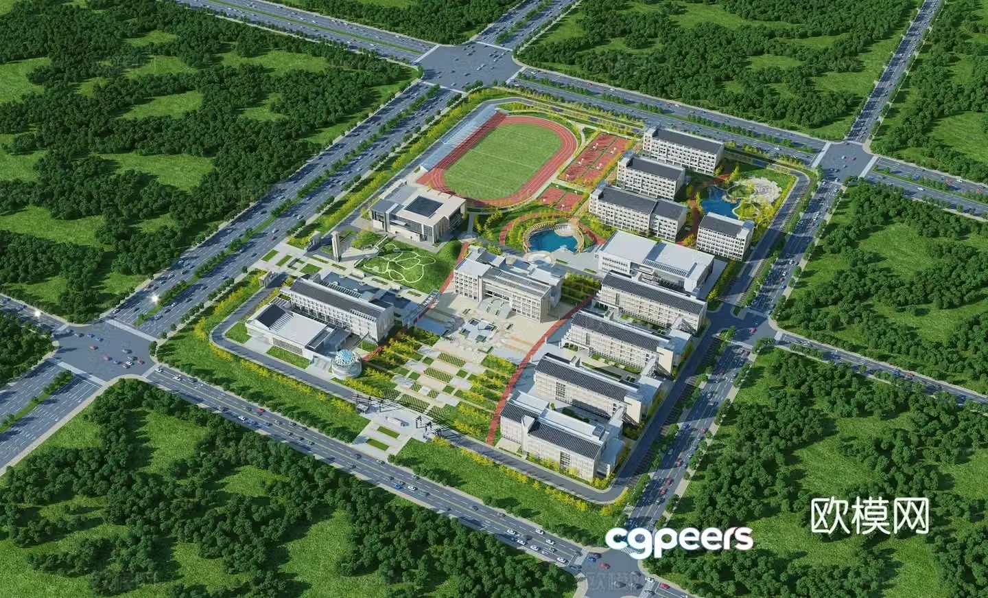 Aerial view 3d model of modern school building
