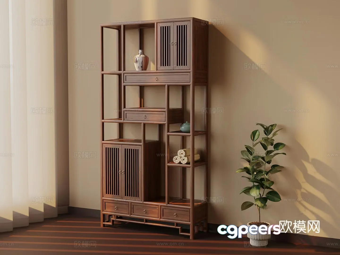 Middle-aged style storage rack Bogu rack Pot plant 3D model