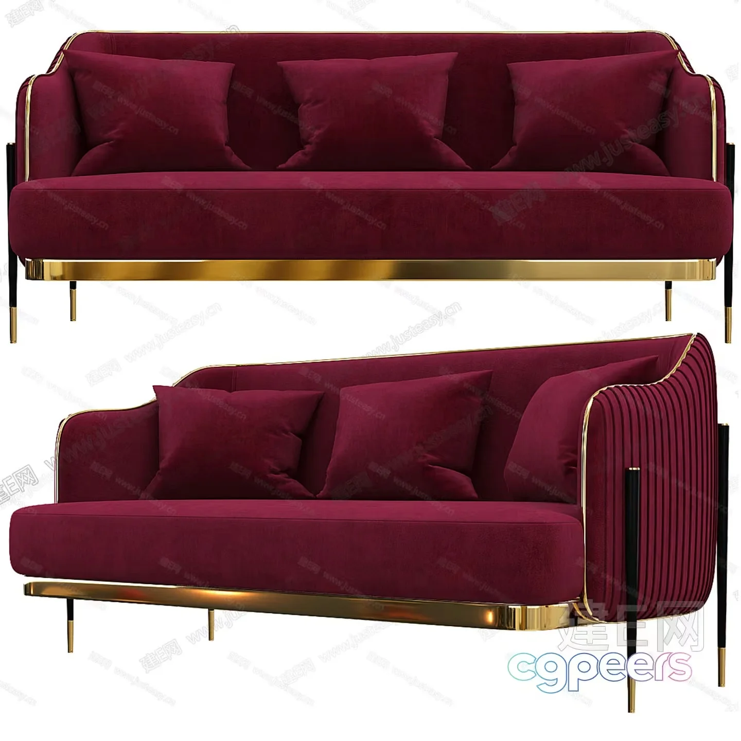 A Red Velvet Sofa With Gold Accents 3D Model – 7455 – VRAY Render
