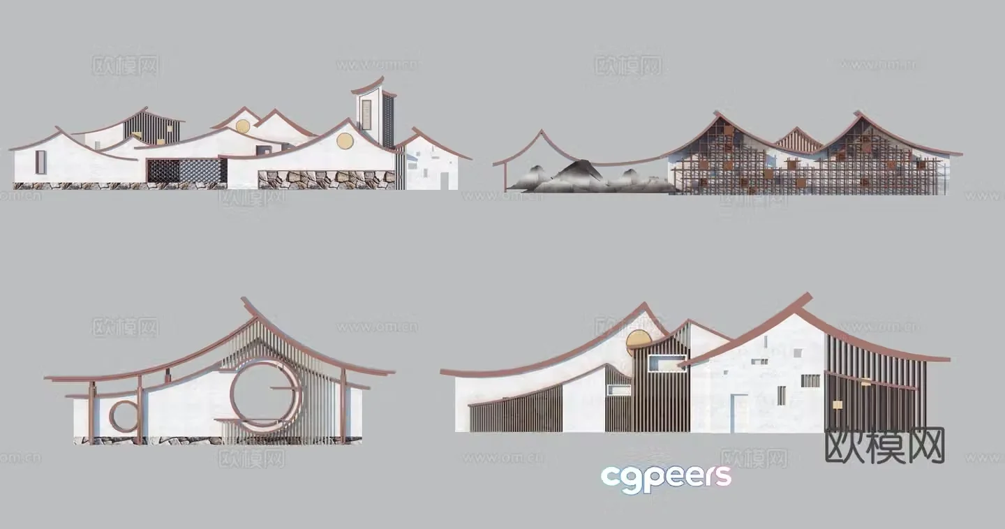 New Chinese style slope roof mountain-shaped landscape wall fence_marked wall 3D model