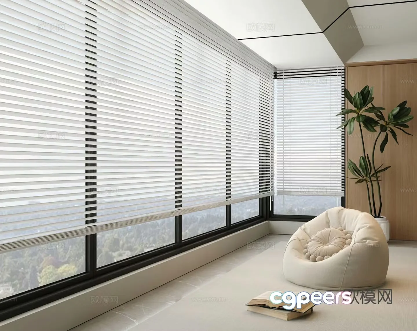 Venetian blinds floor-to-ceiling windows balcony lazy sofa green plant potted plant 3d model