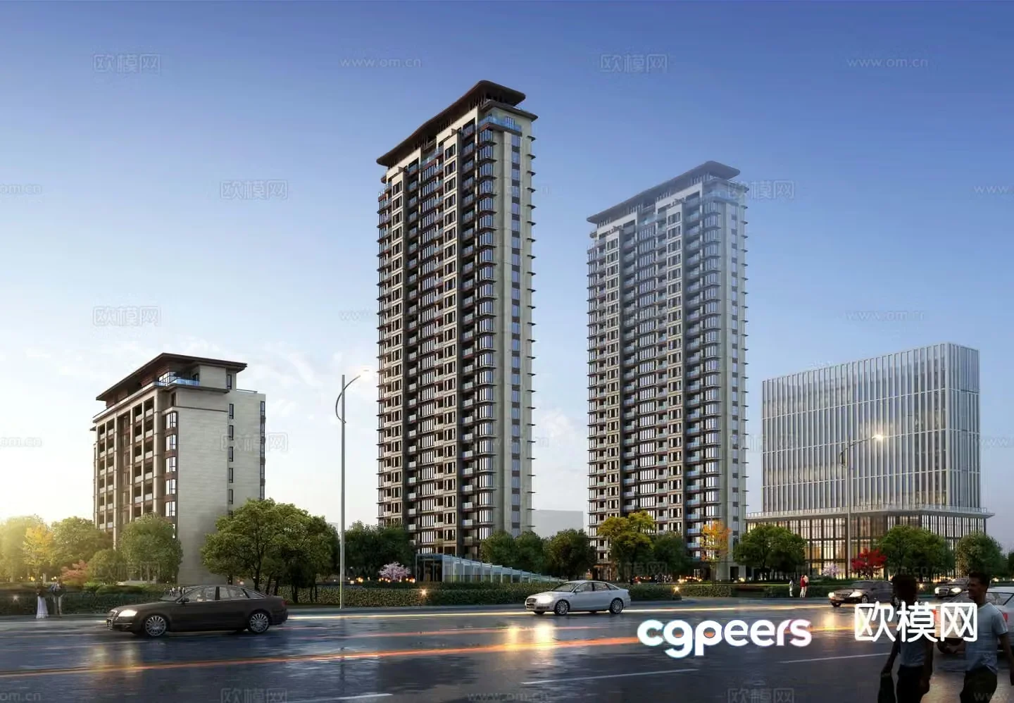New Chinese style residential building along the street exterior 3D model