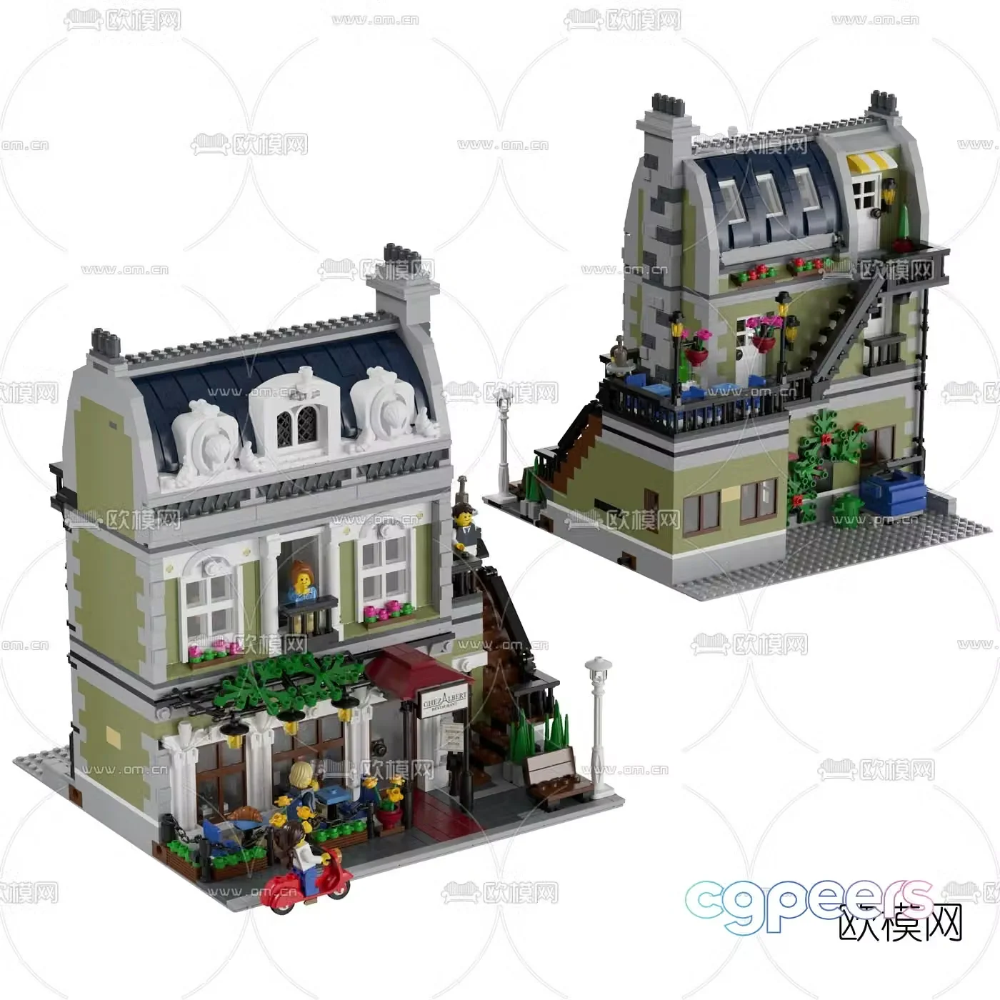 Modern street view paris restaurant building blocks toy 3d model
