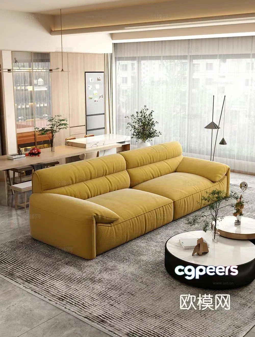 Creamy living room modern simple home living room sofa coffee table combination fabric sofa storage cabinet 3d model