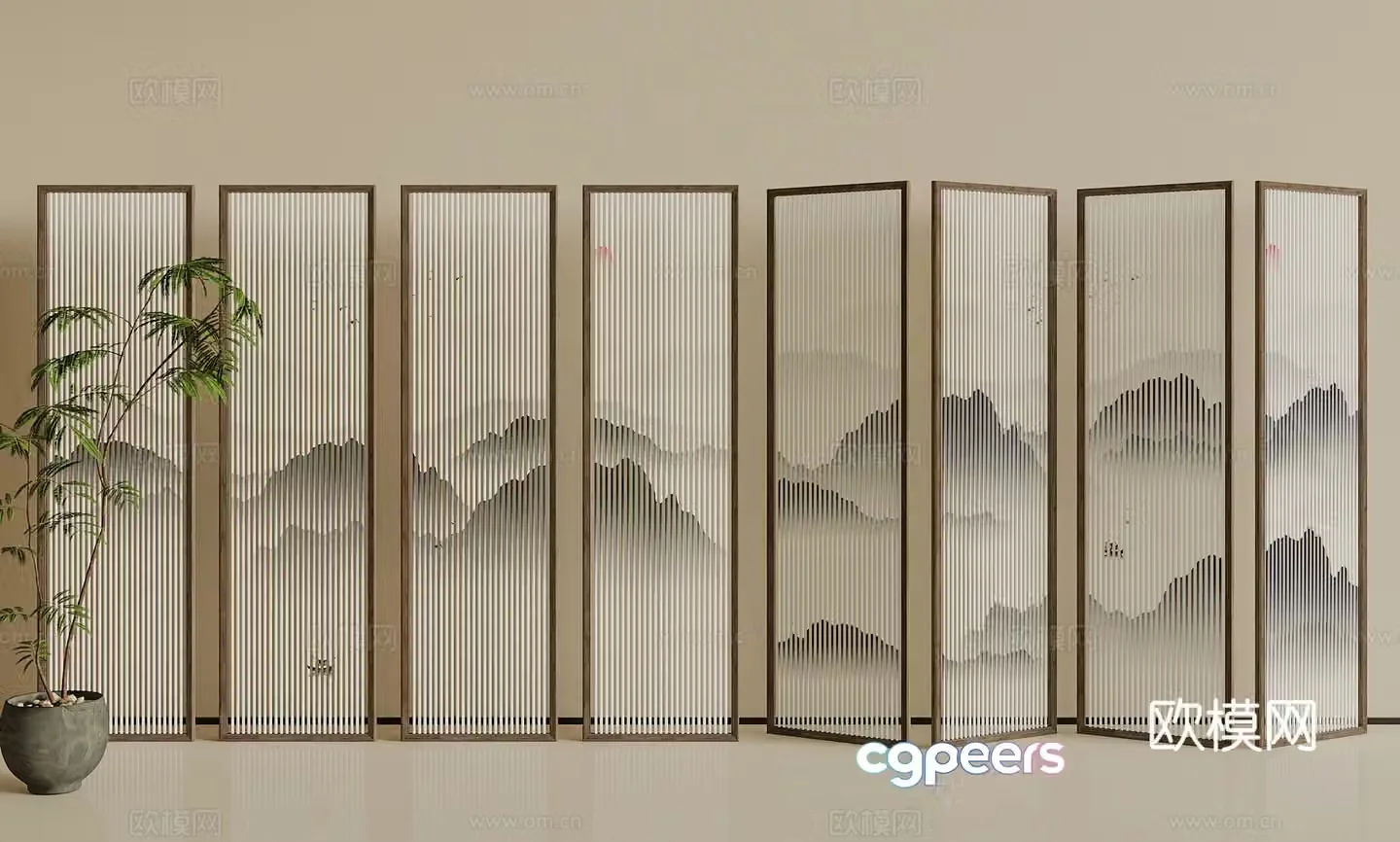 New Chinese-style screen partition Wooden screen partition DuPont paper partition Folding screen partition 3D model