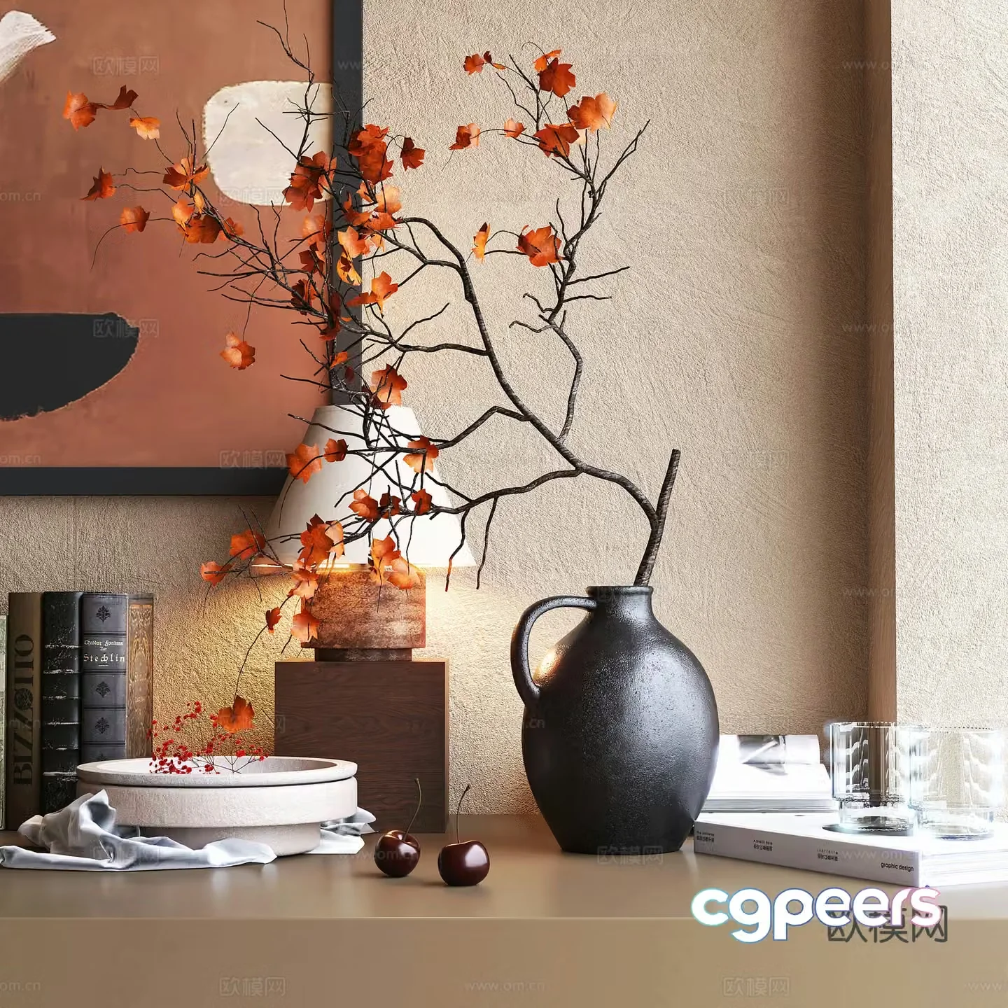 Medieval style tableware vase dried flowers books 3d model