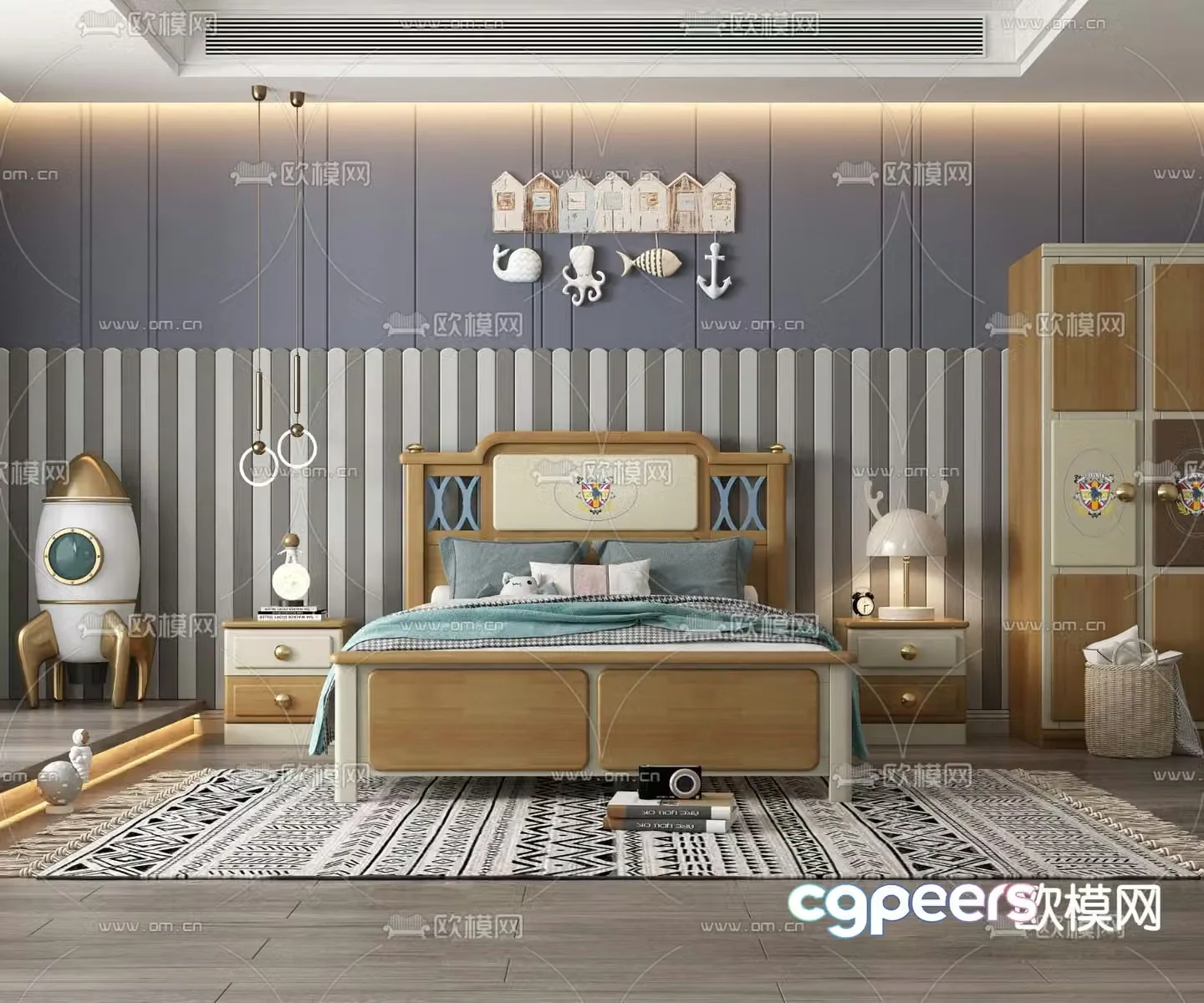 American solid wood children’s bed 3D model