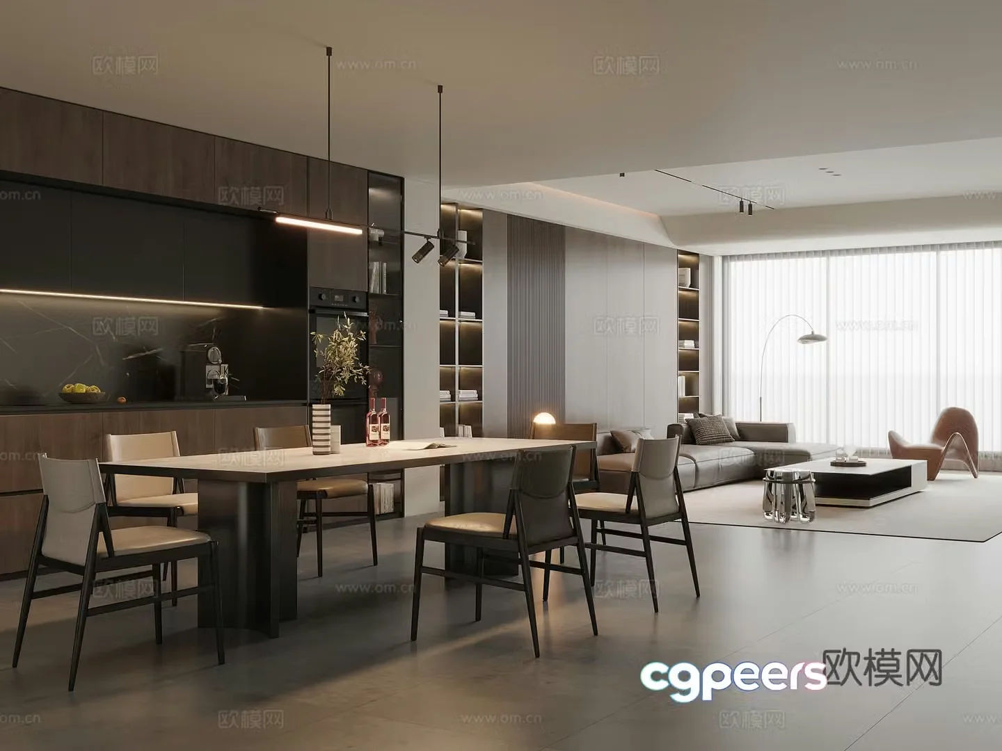 Modern Italian dining room marble dining table and chairs sideboard wine cabinet leather sofa coffee table combination 3D model