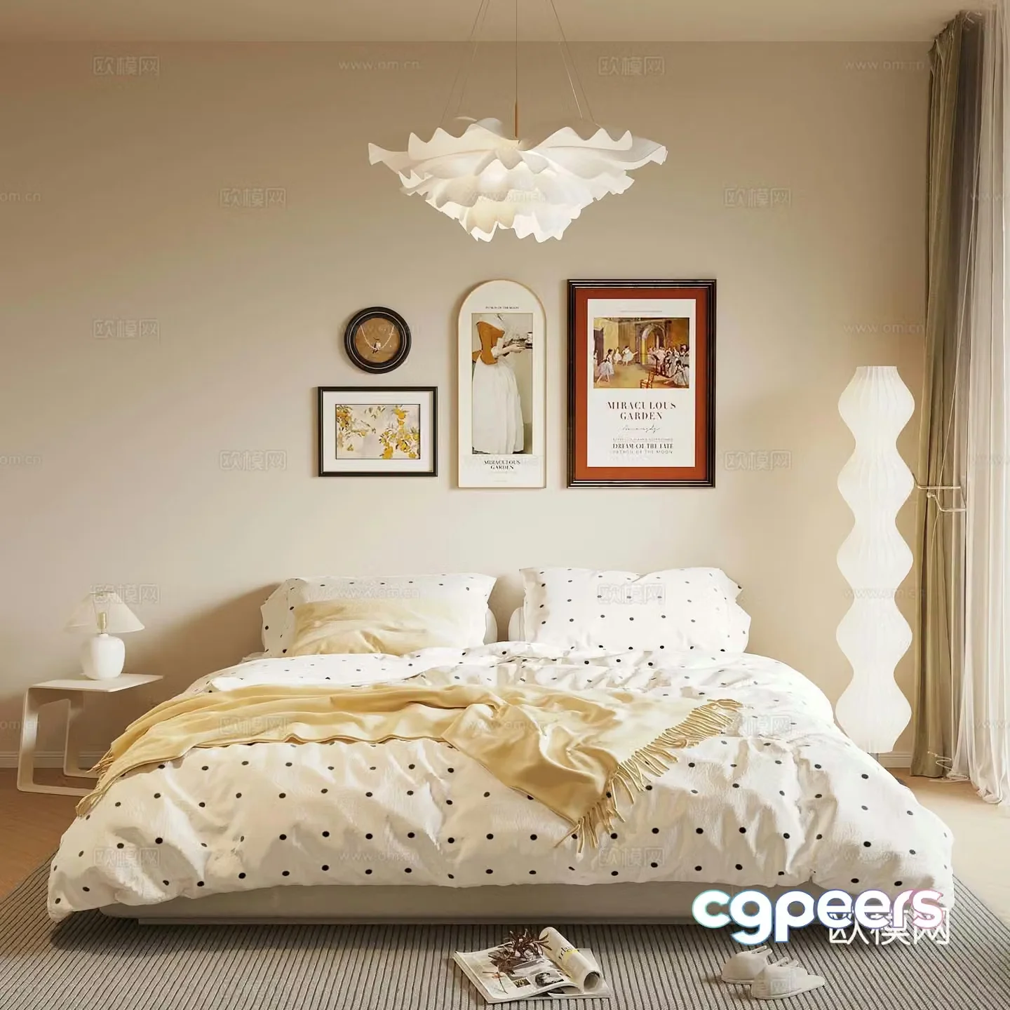 Creamy Bedroom Bedding Combination Double Bed 3D Model