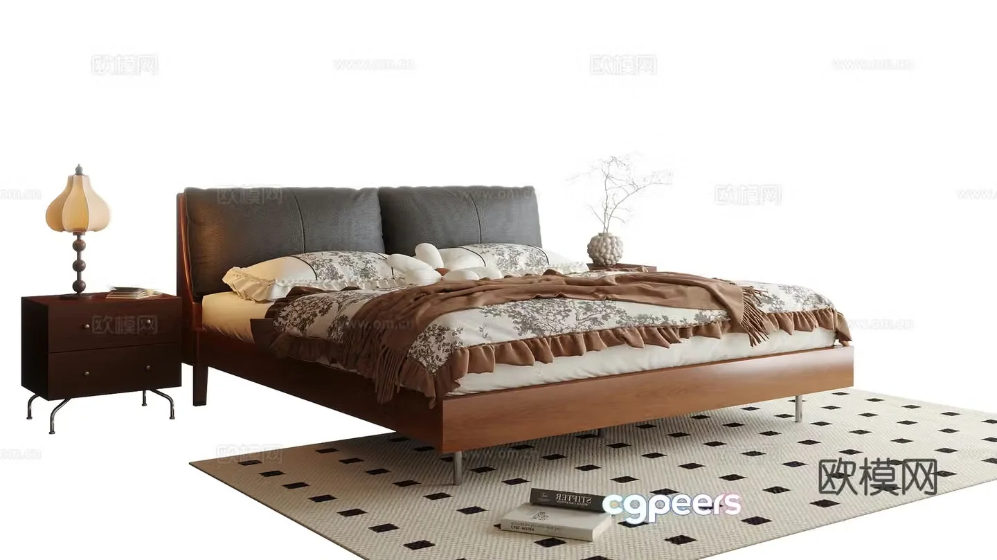 French double bed nightstand desk lamp 3d model