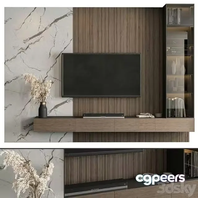 3ds Max Free – TV Wall Marble Wall and Wood – Set 41