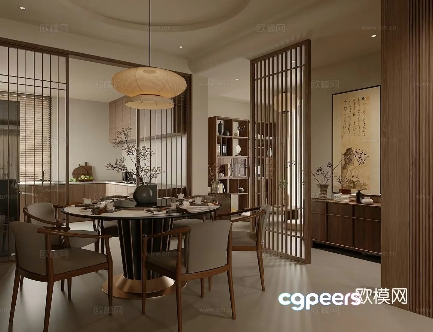 New Chinese Zen Home Restaurant Chinese Restaurant Song-style Aesthetic Restaurant Solid Wood Dining Table and Chair 3D Model