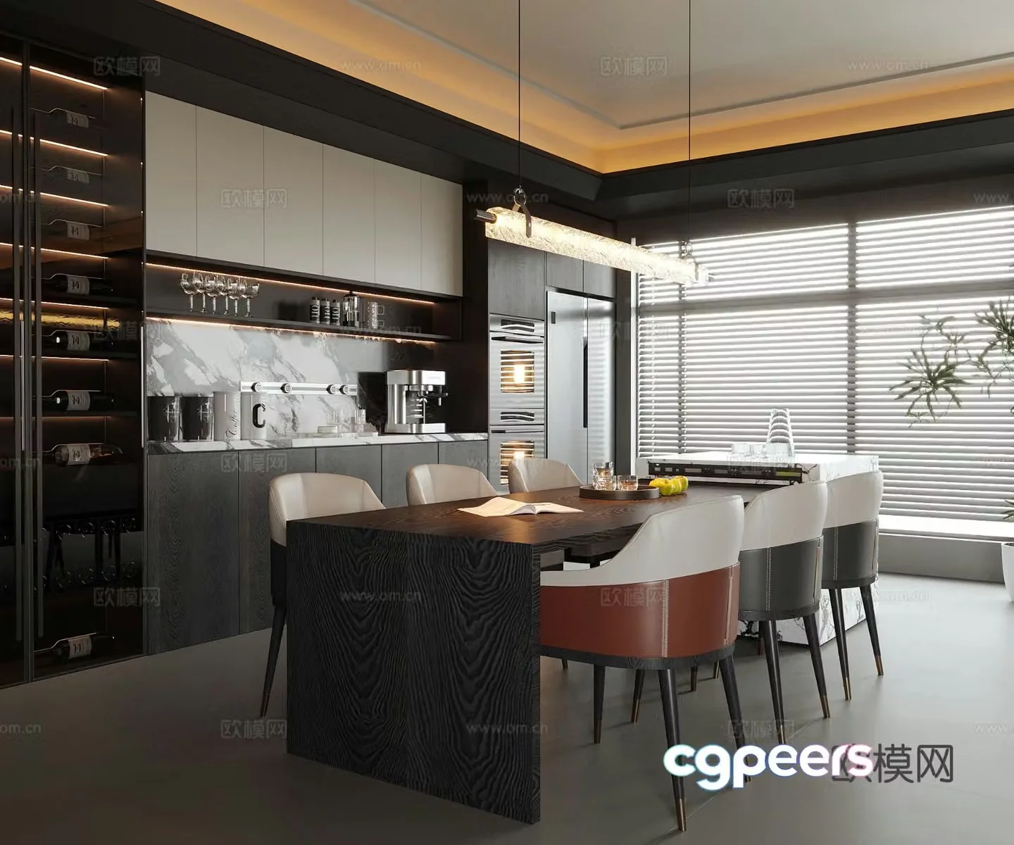Modern island restaurant Dining table and chair Dining chair Wine cabinet Side cabinet 3d model