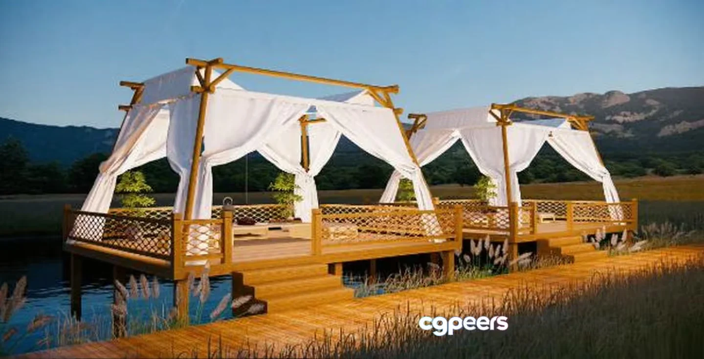 A Serene Outdoor Setting With A Wooden Dock And White Canopy 3D Model – 12058 – VRAY Render