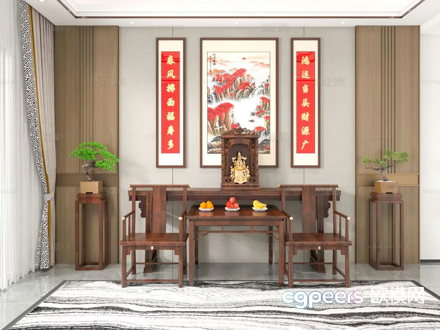 New Chinese style altar table God of Wealth nave decoration Buddhist nunnery 3D model