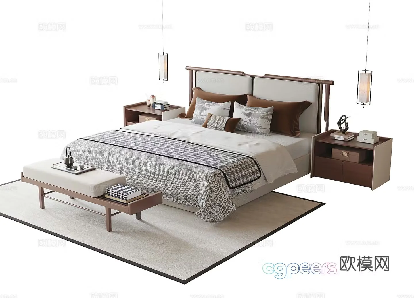 New Chinese style double bed bed nightstand bed tail stool bed head chandelier 3D model
